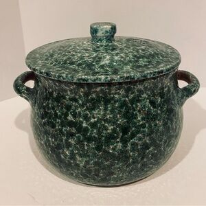 Indoor Outfitters Over And Back Teal Spongeware Bean Crock Lidded Made In Italy